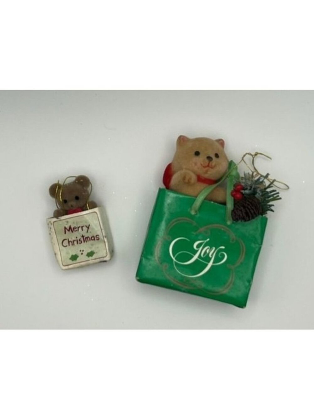 Vintage Flocked Teddy Bear Christmas Ornaments Lot of 2 Mini Gift Box Bears